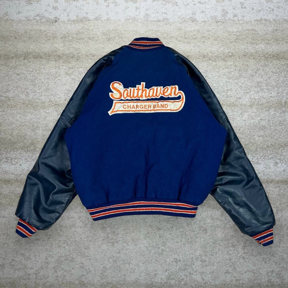 Vintage 90s Varsity Jacket Womens L Navy Blue Orange Leather Band Made in USA